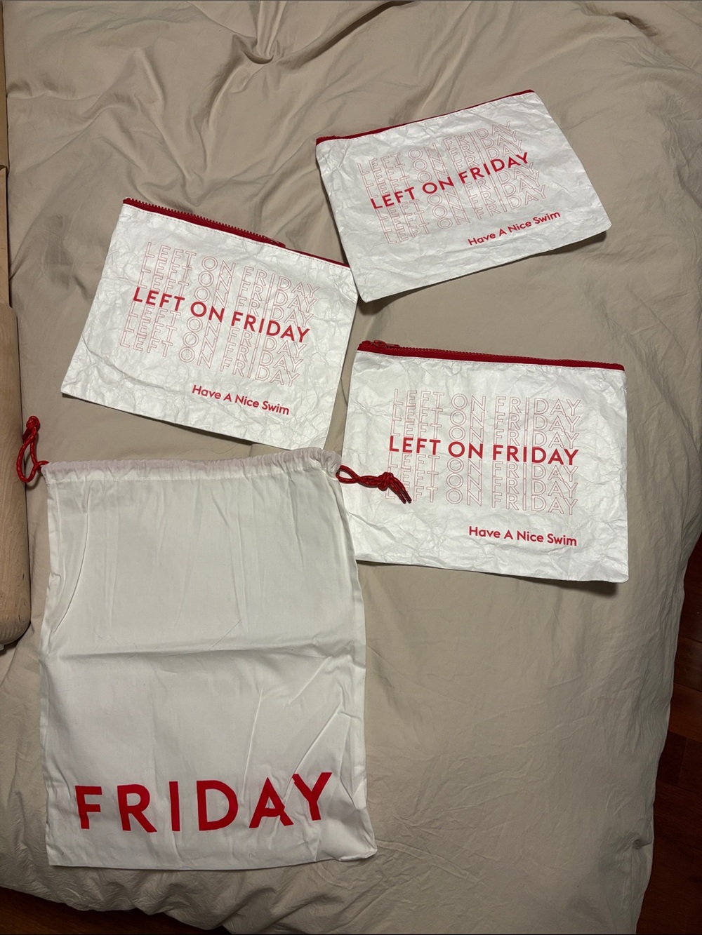 Left On Friday White and Red Swim Pouch Set with Drawstring Bag
